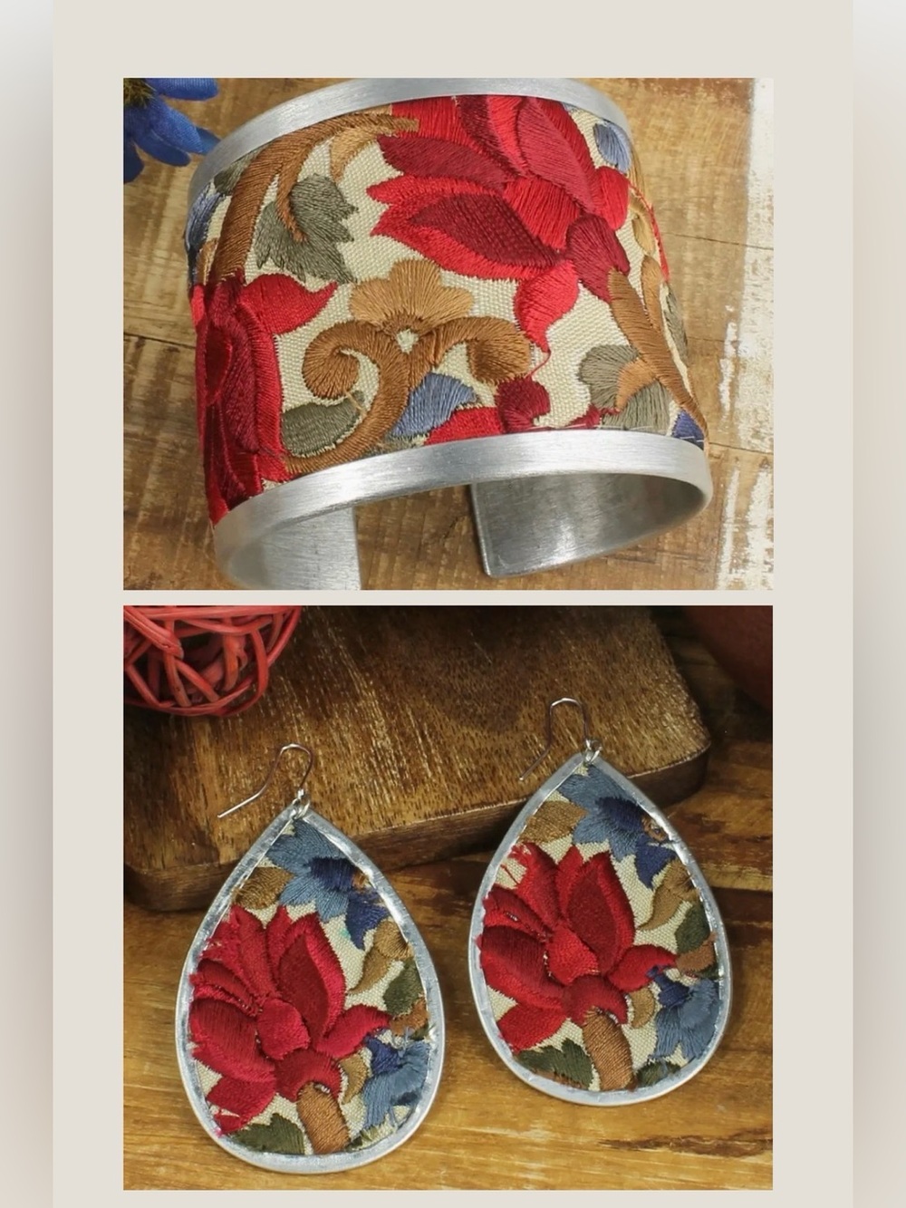ZAD Embroidered Red Floral Cuff Bracelet & Teardrop Earrings Set